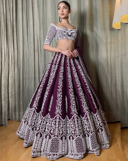 Demanding Wine Party Wear Lucknowi Work Lehenga Choli With Net Dupatta