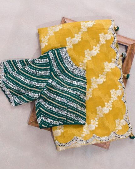 Demanding Yellow Embroidery Cut Work Border Saree With Green Blouse