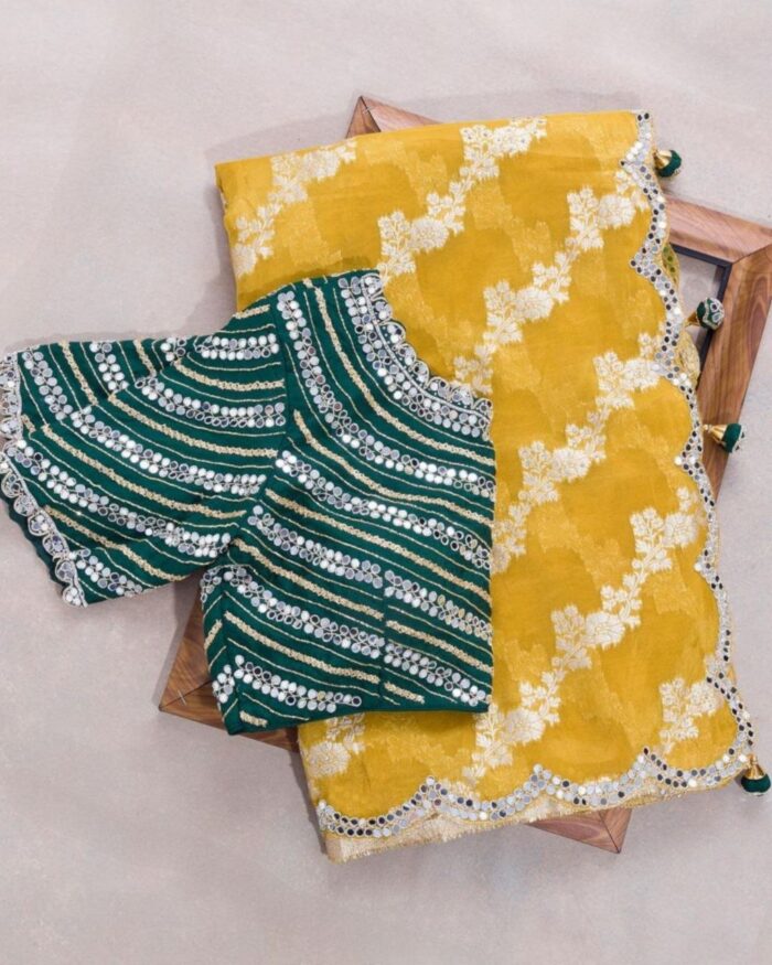 Demanding Yellow Embroidery Cut Work Border Saree With Green Blouse