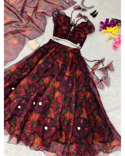 Designer Black Floral Printed Organza Silk Lehenga Choli With Dupatta
