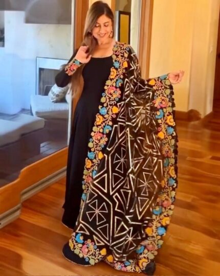 Designer Black Georgette Long Gown With Beautiful Printed Dupatta