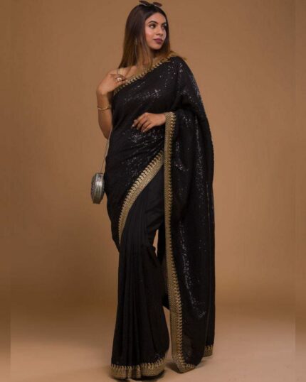 Designer Black Georgette Sequence Work Saree With Blouse
