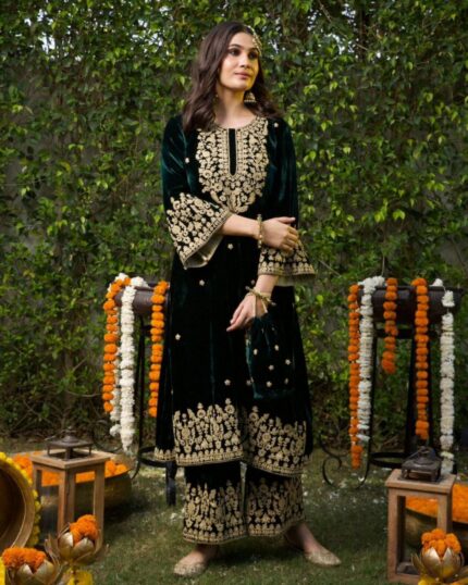 Designer Black Micro Velvet Embroidery Work Pakistani Pant Suit