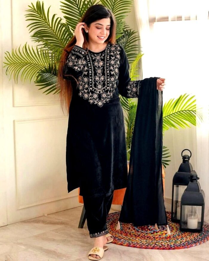 Designer Black Micro Velvet Embroidery Work Pakistani Suit With Dupatta