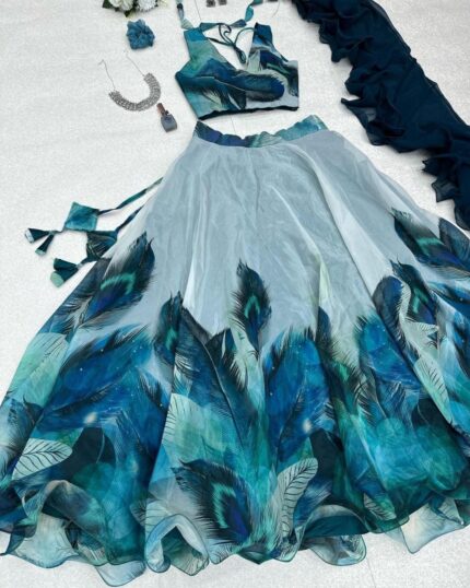 Designer Blue Shaded Floral Printed Organza Silk Lehenga Choli With Dupatta