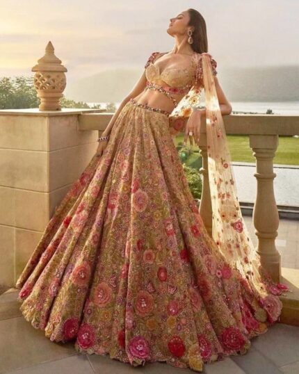 Designer Bridal Wear Peach Heavy Sequence Work Lehenga Choli With Attached Dupatta