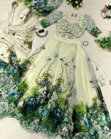 Designer Cream Floral Printed Organza Silk Lehenga Choli With Dupatta