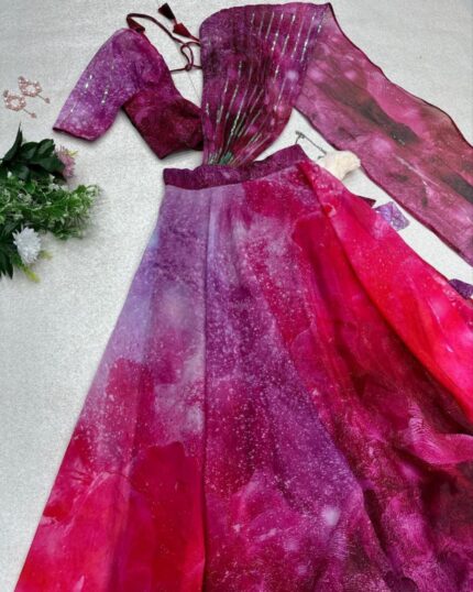 Designer Falsa Pink Georgette Lace Work Lehenga Choli With Dupatta