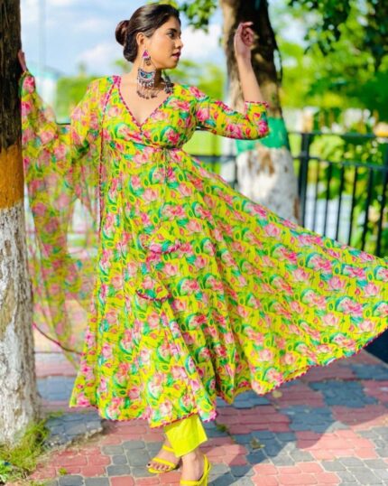 Designer Lemon Heavy Butter Silk Printed Work Anarkali Suit With Dupatta
