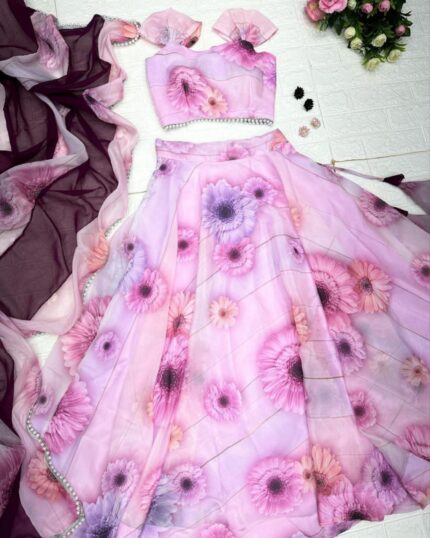 Designer Light Purple Floral Printed Organza Silk Lehenga Choli With Dupatta