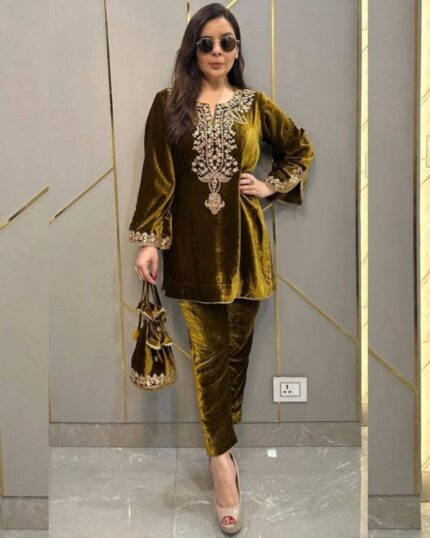 Designer Micro Velvet Embroidery Work Pant Suit
