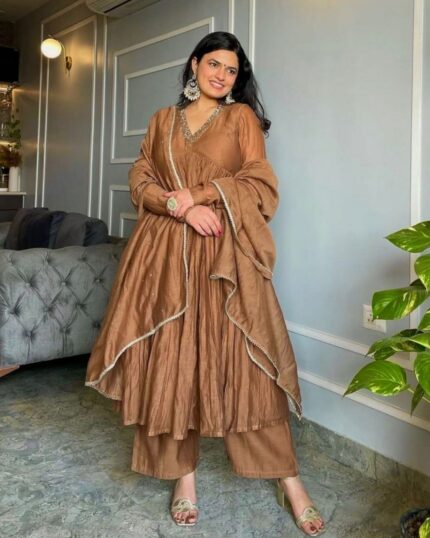 Designer Mocha Brown Silk Moti Work Alia Cut Suit With Dupatta