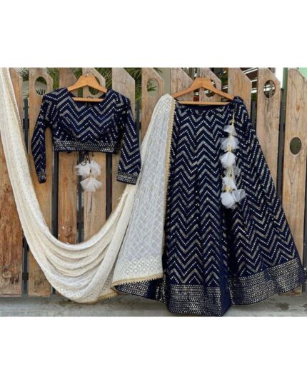 Designer Nevy Blue Georgette Embroidery Work Lehenga Choli With Dupatta