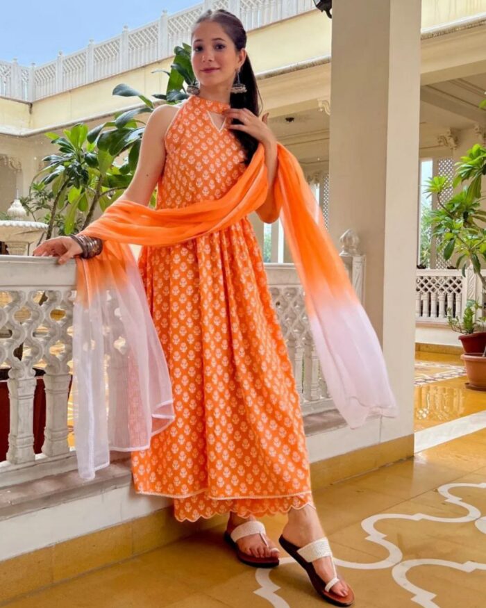 Designer Orange Georgette Printed Anarkali Suit With Dupatta