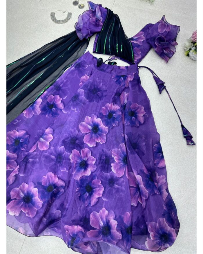 Designer Purple Floral Printed Organza Silk Lehenga Choli With Dupatta