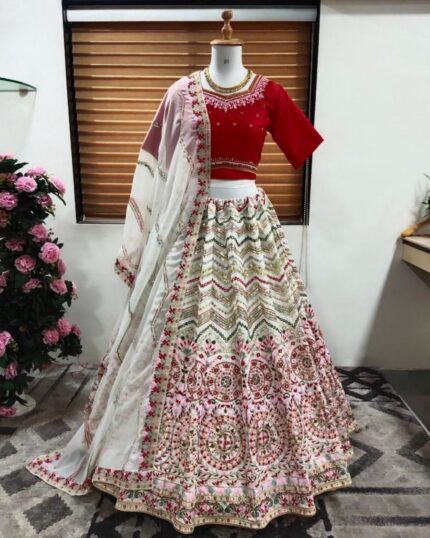 Designer Red With White Color Embroidery & Sequence Work Silk Lehenga Choli With Dupatta