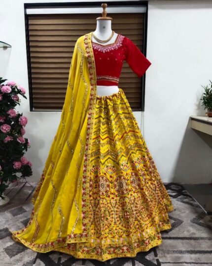 Designer Red With Yellow Color Embroidery & Sequence Work Silk Lehenga Choli With Dupatta
