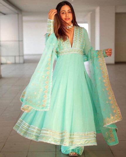 Designer Sea Green Faux Georgette Embroidery Work Anarkali Suit With Dupatta