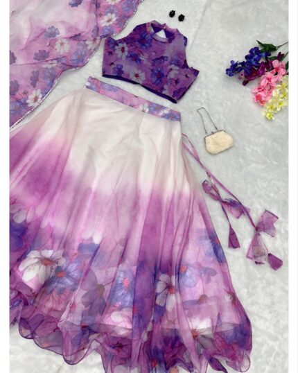 Designer Shaded Floral Printed Organza Silk Lehenga Choli With Dupatta