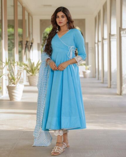 Designer Sky Blue Maslin Cotton Kedia Style Anarkali Suit With Dupatta
