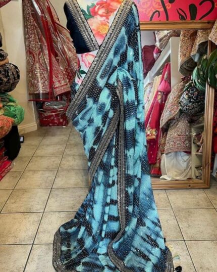Designer Sky Blue Printed Work Georgette Heavy Sequence Work Party Wear Saree With Blouse