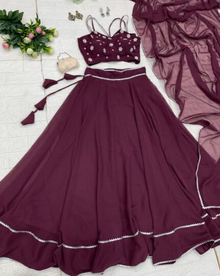 Designer Wine Georgette Lace Work Lehenga Choli With Dupatta