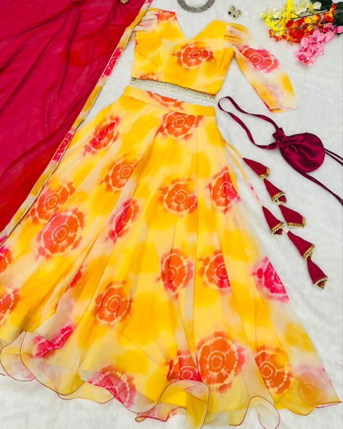 Designer Yellow Floral Printed Organza Silk Lehenga Choli With Dupatta