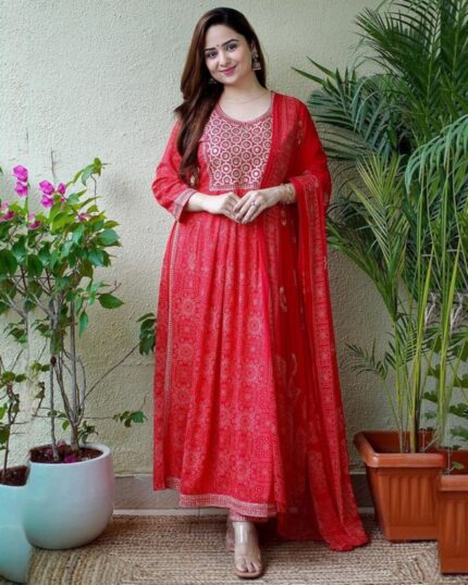 Diwali Special Red Bandhani Style Printed Anarkali Gown With Dupatta