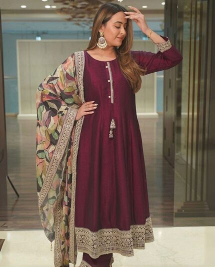 Elegant Chinon Silk With Embroidery Work Gown Suit With Dupatta