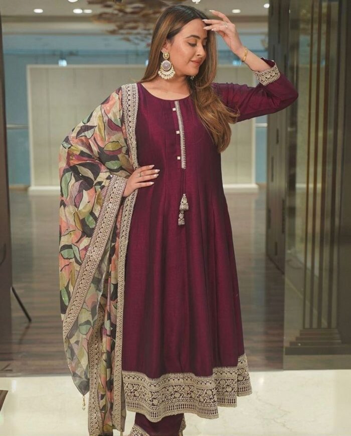 Elegant Chinon Silk With Embroidery Work Gown Suit With Dupatta