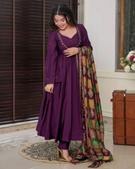 Elegant Chinon Silk With Sequence Work Gown Suit With Dupatta