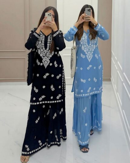 Elegant Rayon Cotton With Cotton Thread Embroidery Work Plazo Suit With Dupatta