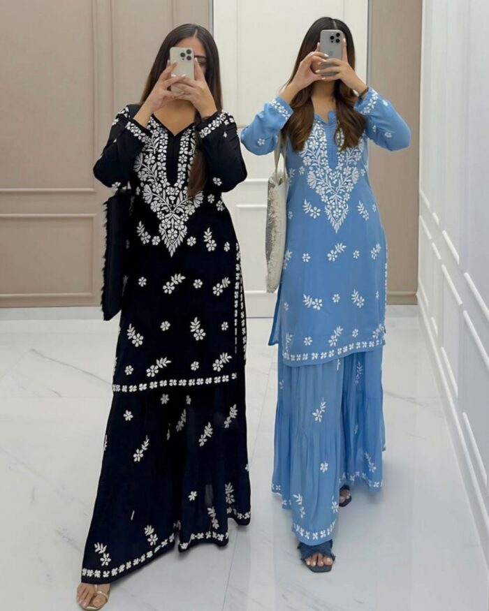 Elegant Rayon Cotton With Cotton Thread Embroidery Work Plazo Suit With Dupatta