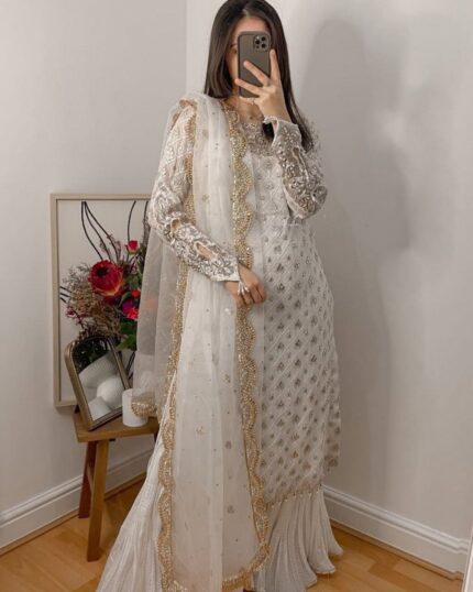 Elegant White Georgette With Sequence Work Sharara Suit With Dupatta