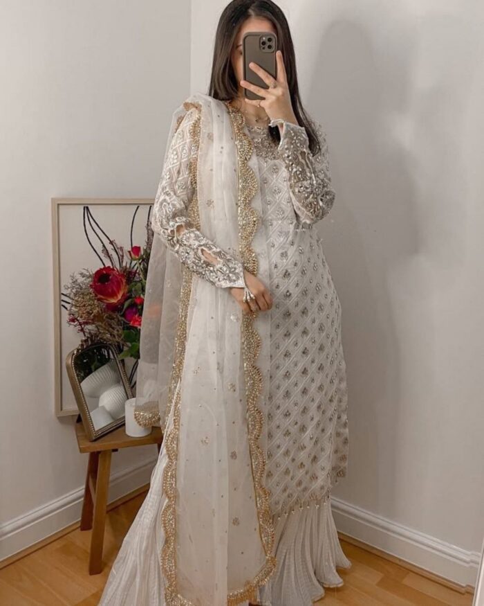 Elegant White Georgette With Sequence Work Sharara Suit With Dupatta