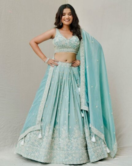 Exclusive Aqua Blue Roman Silk With Fancy Sequence Work Lehenga Choli With Dupatta