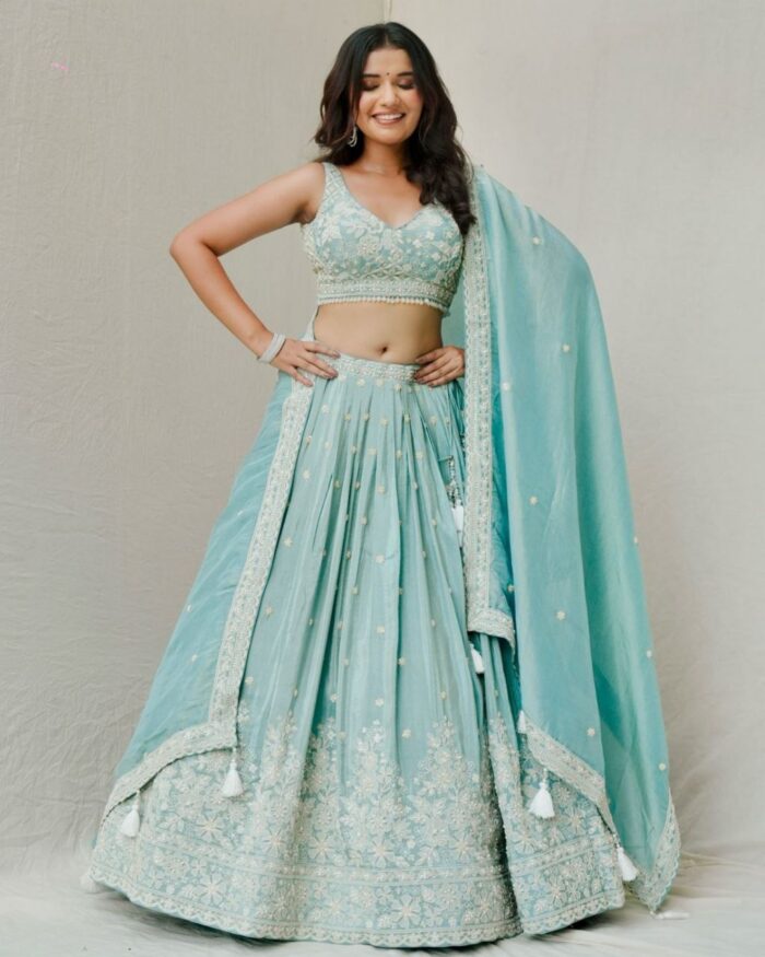Exclusive Aqua Blue Roman Silk With Fancy Sequence Work Lehenga Choli With Dupatta