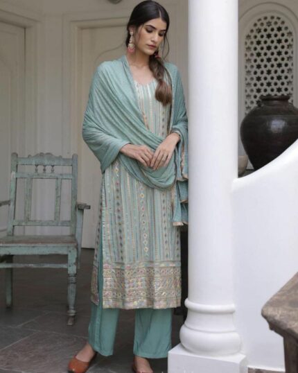 Exclusive Aqua Georgette Silk Sequence Work Pakistani Salwar Suit With Dupatta