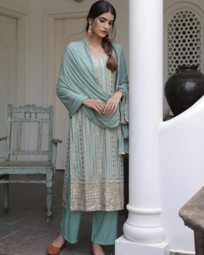 Exclusive Aqua Georgette Silk Sequence Work Pakistani Salwar Suit With Dupatta