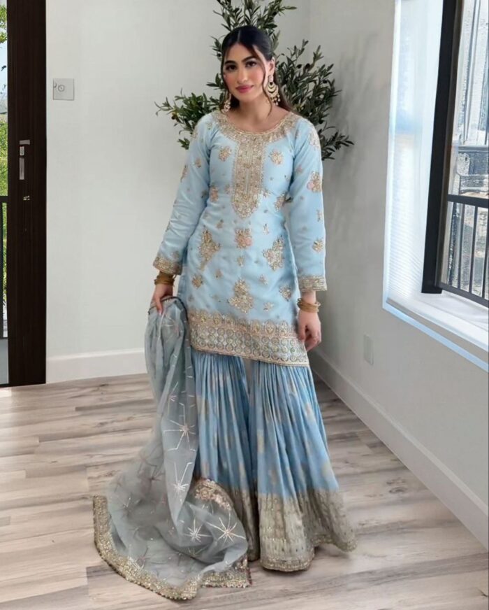 Exclusive Baby Blue Pure Georgette Embroidery Work Gharara Suit With Dupatta