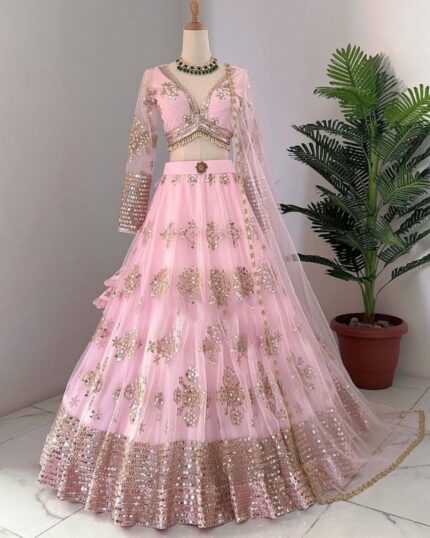 Exclusive Baby Pink Butterfly Net Embroidery Work Lehenga Choli With Dupatta