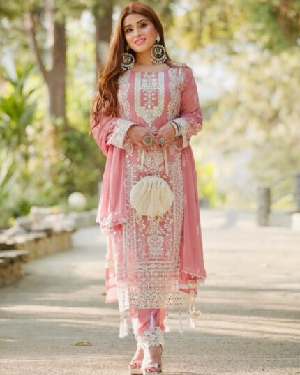 Exclusive Baby Pink Faux Georgette Emrodery Work Pakistani Suit With Dupatta