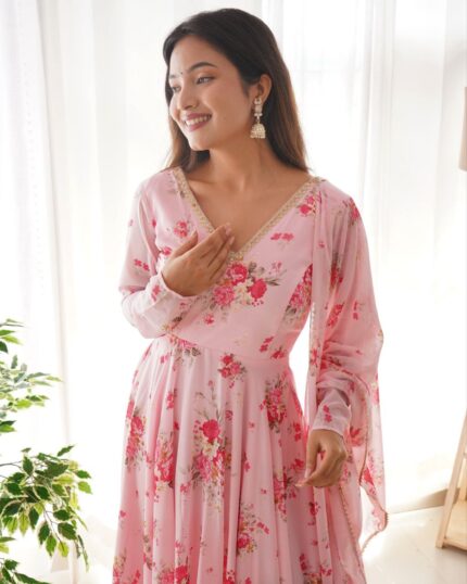 Exclusive Baby Pink Faux Georgette Floral Print Anarkali Suit With Dupatta