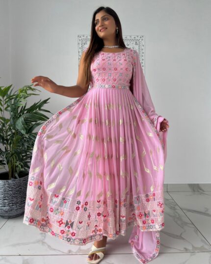 Exclusive Baby Pink Faux Georgette Sequins Work Plazzo Suit With Dupatta