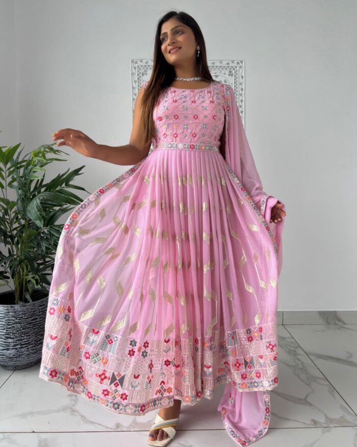 Exclusive Baby Pink Faux Georgette Sequins Work Plazzo Suit With Dupatta