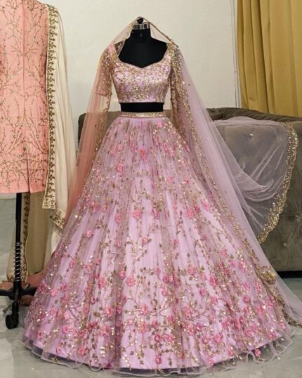 Exclusive Baby Pink Premium Net Emblished Sequence Work Lehenga Choli With Dupatta
