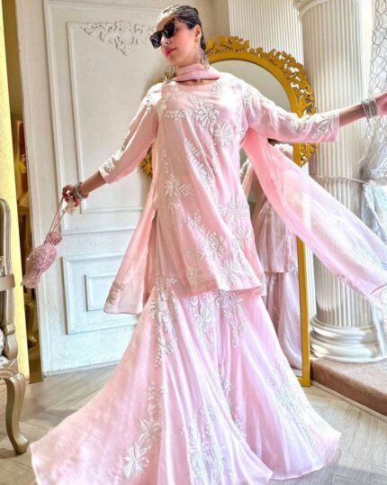 Exclusive Baby Pink Pure Georgette Embroidery Work Sharara Suit With Dupatta