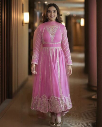 Exclusive Baby Pink Pure Georgette Sequence Work Anarkali Suit With Dupatta
