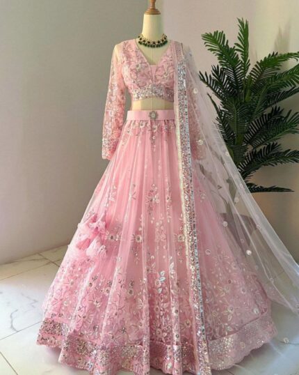 Exclusive Baby Pink Soft Net Embroidery Work Lehenga Choli And Dupatta