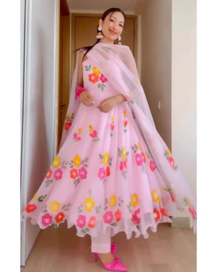 Exclusive Baby Pink Tabby Organza Floral Printed Anarkali Suit With Dupatta